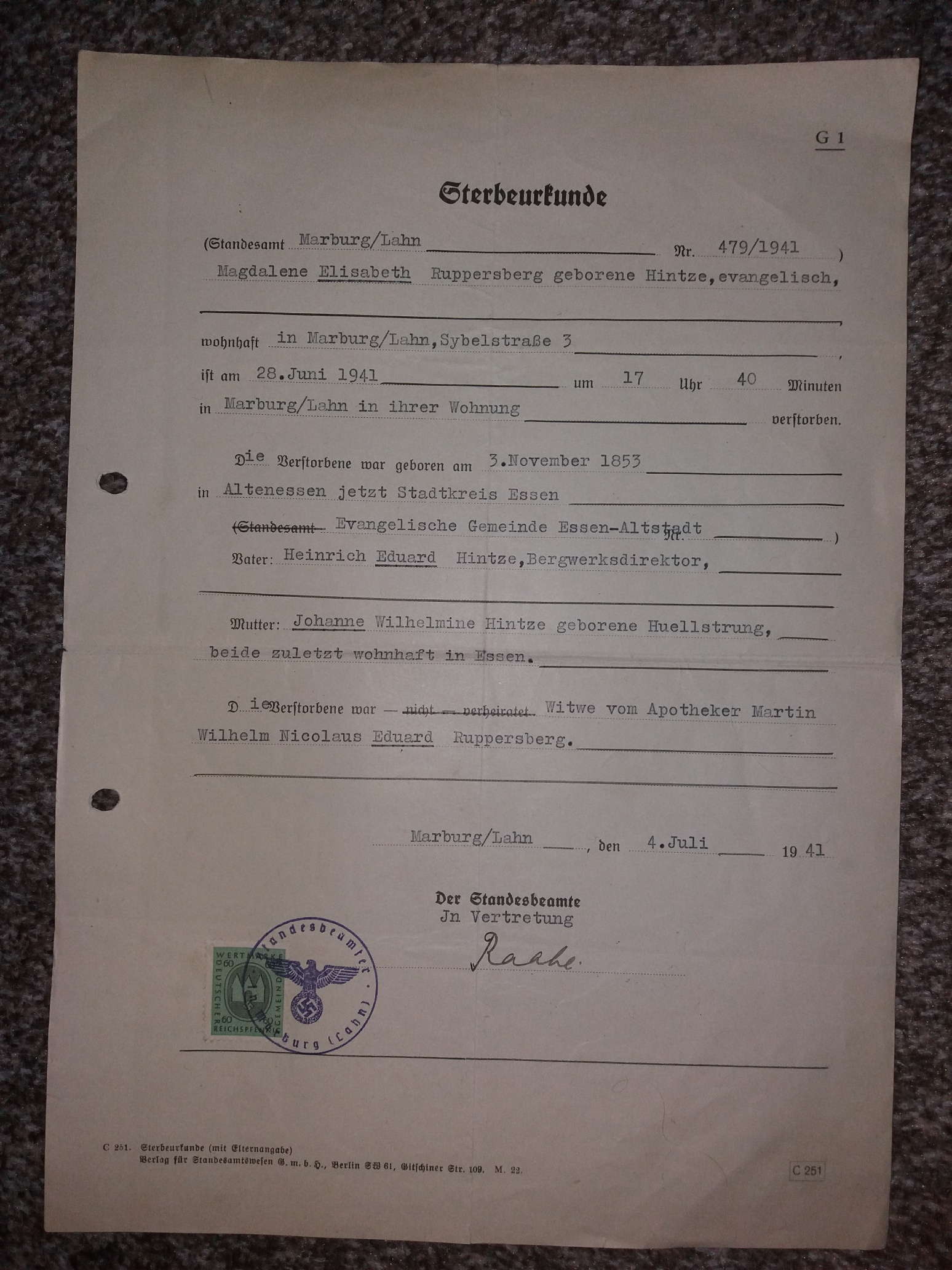 Todestag meiner Urgroßmutter Elisabeth Ruppersberg geb. Hintze am 28.6.1941 in Marburg